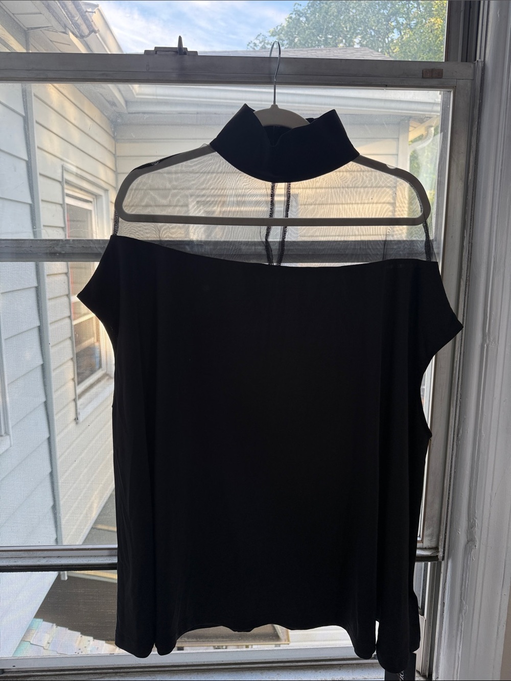 Black High-Neck Sheer-Yoke Sleeveless Blouse